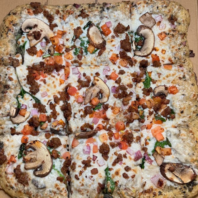 Detroit Style Alfredo Pizza.