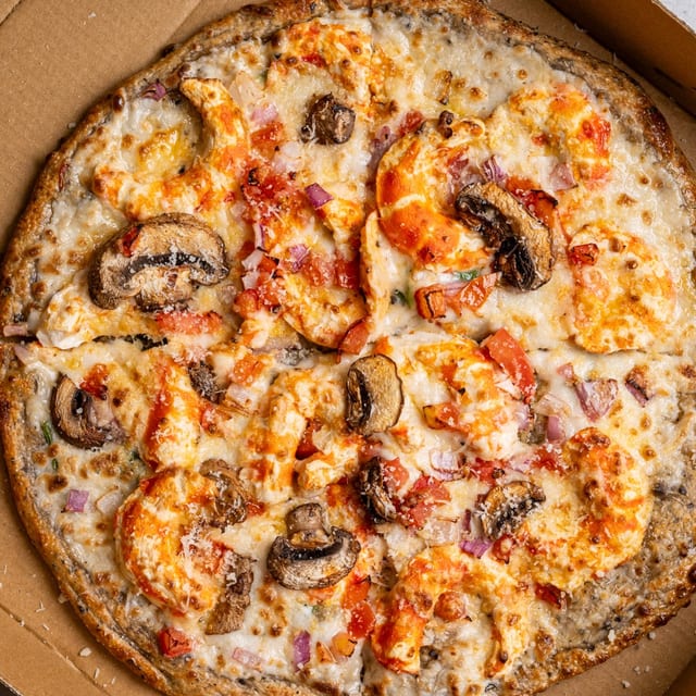 Shrimp Alfredo Pizza.